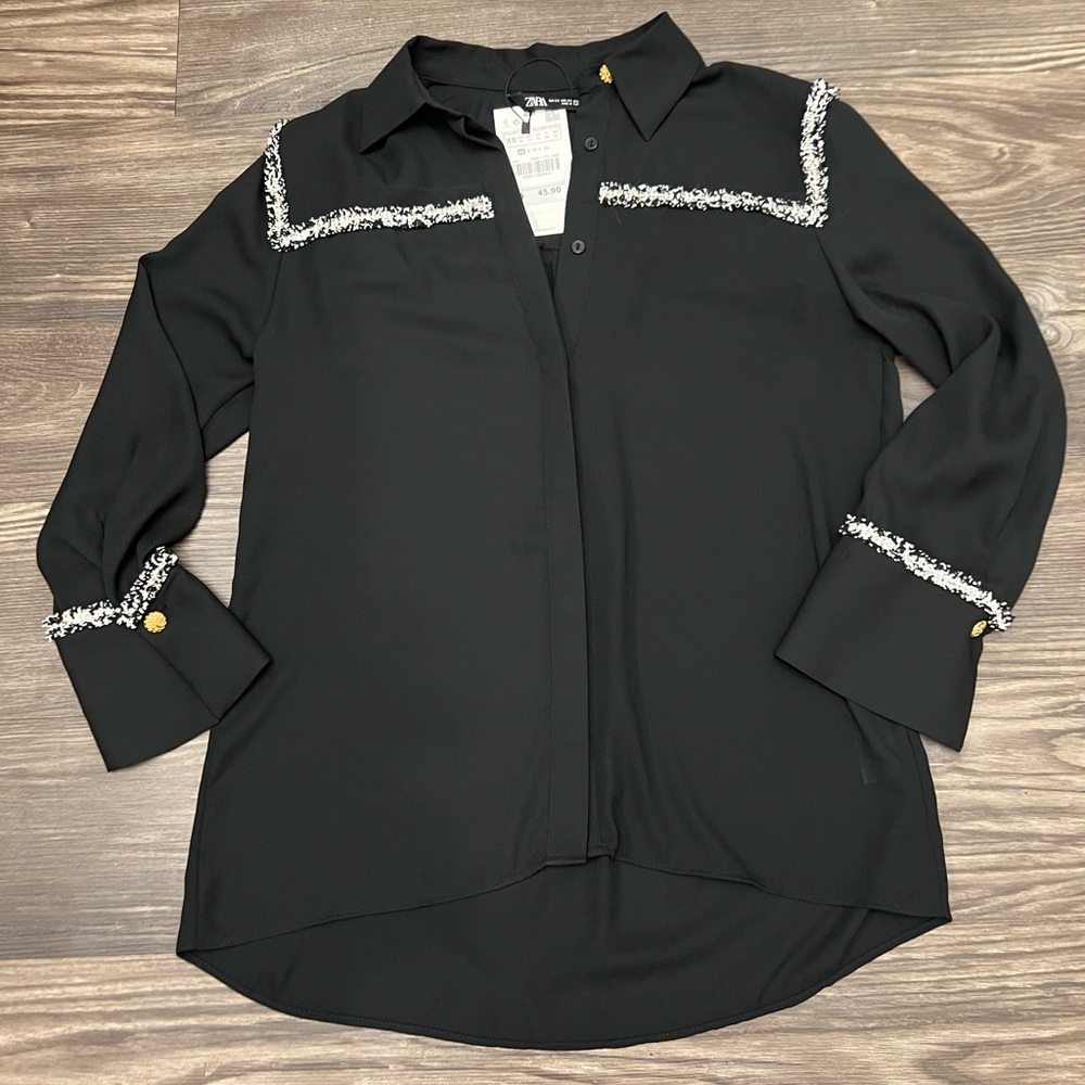 NWT Black with Fringe Zara Blouse